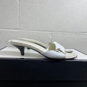Tod's Women's White Leather Sandals Kitten Heel Square Toe Buckle Slip On Sz 7.5
